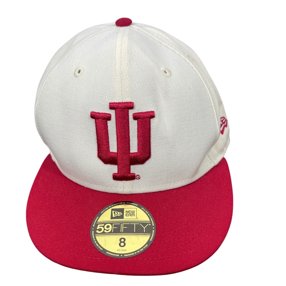 New Era 59FIFTY Indiana University Hoosiers Fitted Hat Size 8 Red Cream IU Logo